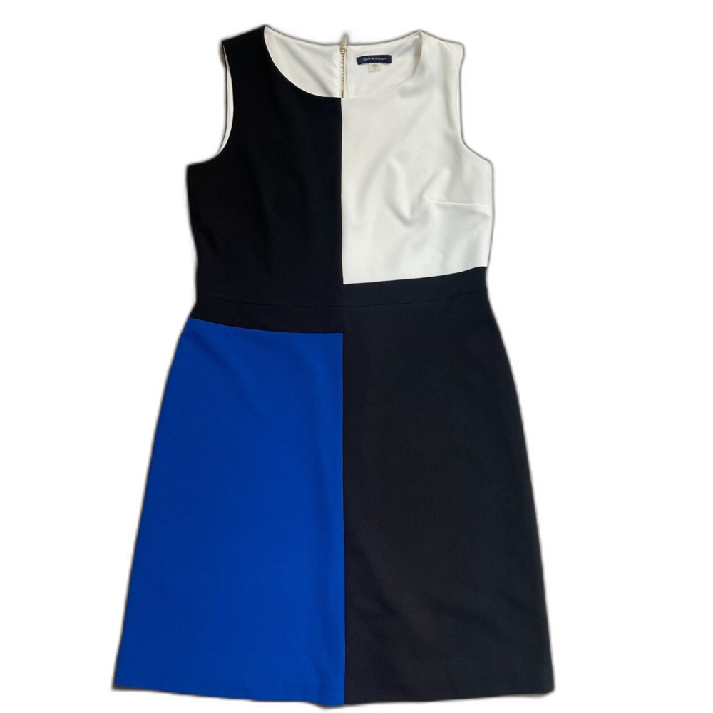 Tommy Hilfiger Color Block Shift Dress Size 12 Womens Blue Black Gold Zipper